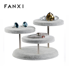 FANXI Wholesale Factory Custom Round Shape Wooden Jewellery Stand Holder Necklace Bangle Bracelet Gray Velvet Ring Display