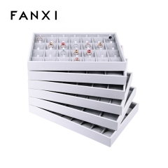 FANXI China Supplier Custom Fashion White PU Leather Necklace Holder Showcase Stackable Wood Jewellery Display Tray