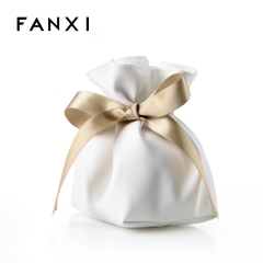 FANXI Custom Logo Soft PU Bag With Gold Ribbon And Suede Pillow For Watch Bangle Bracelet Packaging White Leather Jewelry Pouch