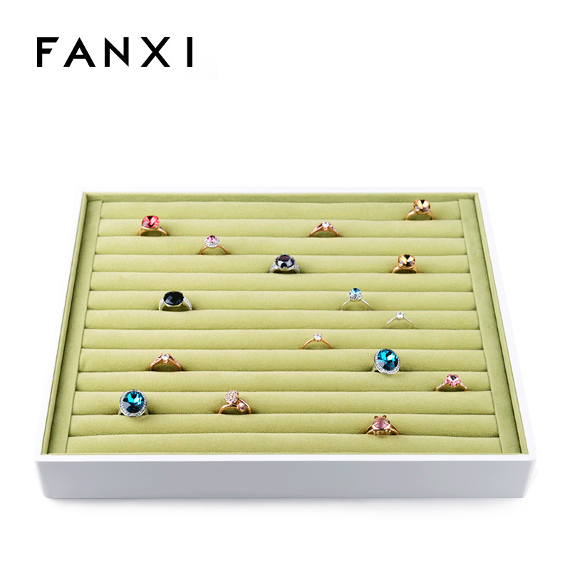 FANXI Jewelry Display Manufacturer New Design Green Velvet Insert And Wood Lacquered Jewelry Tray