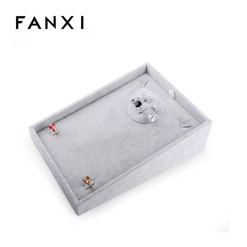 FANXI Custom Functional Silver Grey Ice Velvet Necklace Earrings Ring Combination Display Holder Tray Jewelry Display Tray Set