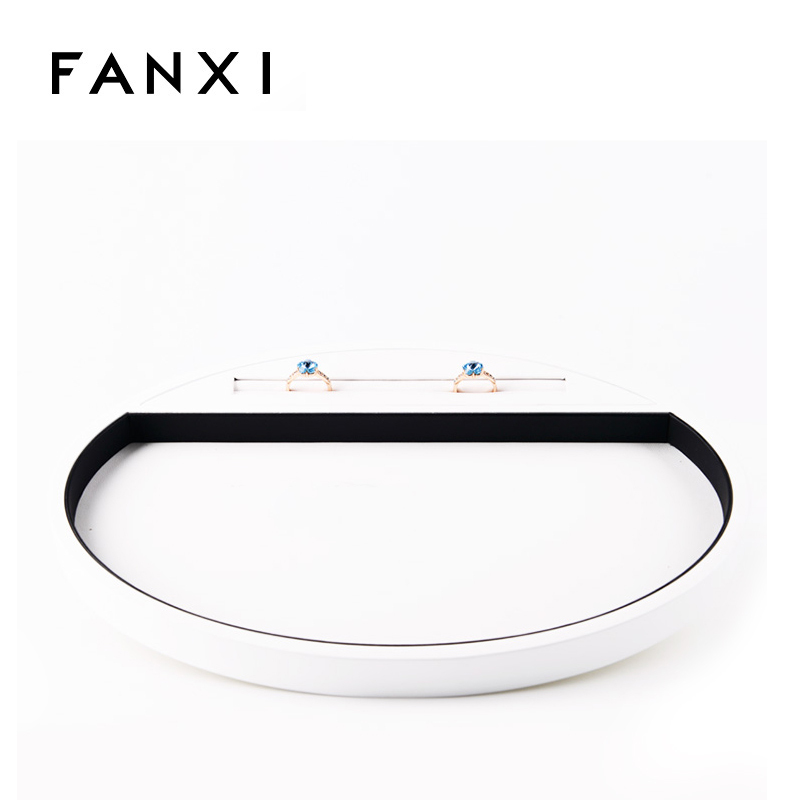 FANXI Wholesale custom factory oval shape wooden display tray with lacquer edge for rings necklace display white PU leather jewelry service trays