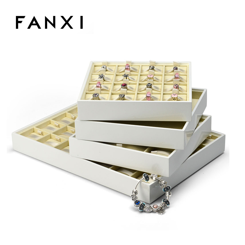 FANXI Custom Logo Luxury white lacquer jewellery trays with beige microfiber insert for Charms Bracelet and Beads Display Tray