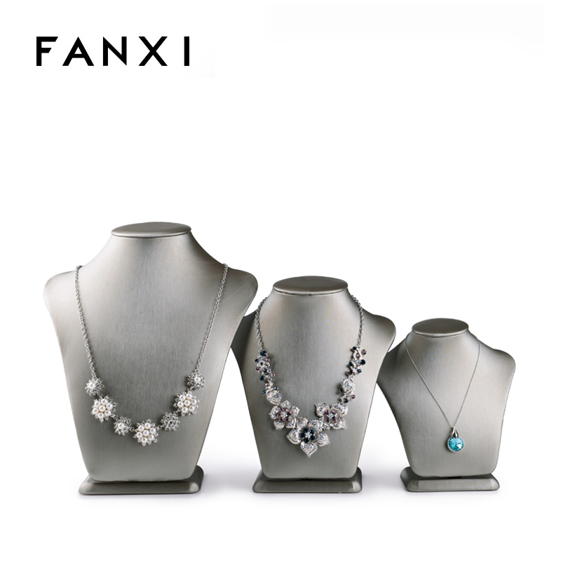 FANXI Custom Beige And Gray Metallic Leather Necklace jewelry Exhibitor Organizer Model Mannequin Luxury Neck Form Display