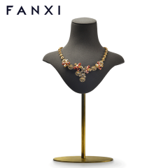 FANXI Wholesale Custom Jewelry Display Mannequin With Metal Base And Rack For Necklace Pendant Showcase Luxury Leather Necklace Bust