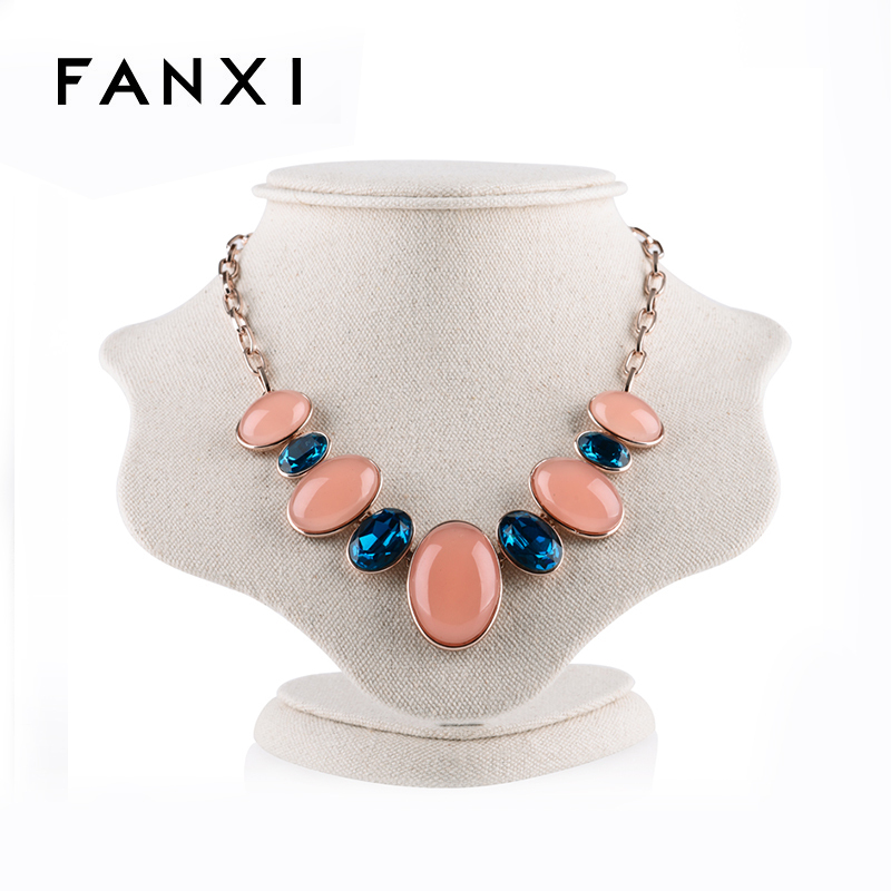 FANXI Jewelry Display High Quality MDF Wood With White Cardboard Korea Linen Creamy White Necklace Display Bust