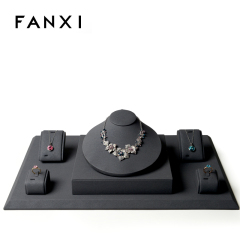 FANXI Luxury Grey Color PU Leather Jewelry Display Set For Counter Necklace Ring Bangle Exhibitor With Small Mannequin