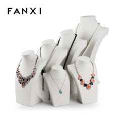 FANXI China Supplier Tall Jewelry Display Neck Stands Wood Linen Necklace Bust