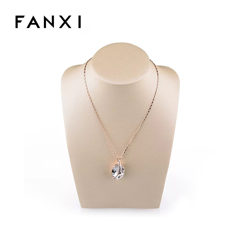 FANXI Factory Price Custom Woode Jewelry Holder Bust For Pendant Beige Leather Necklace Display