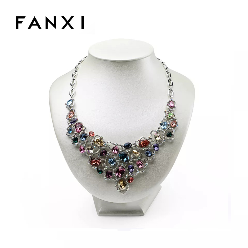 FANXI Luxury Custom Pendant Holder Beige Pearl Metallic Leather Necklace Display Model