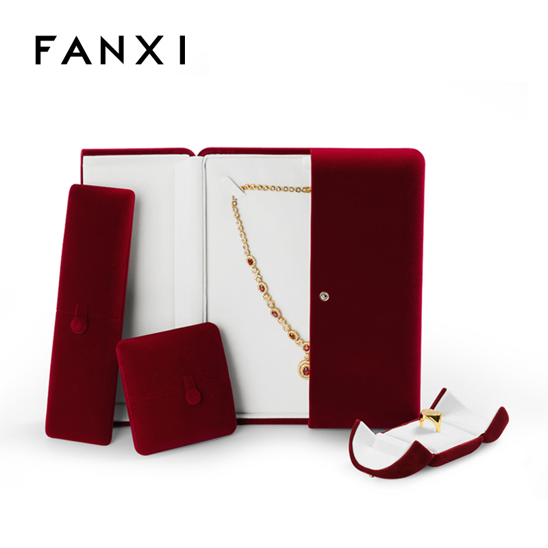 FANXI Wholesale Custom Logo Wine Red Double Door Packaging Boxes With Button For Ring Double Ring Necklace Bangle Bracelet Jewelry Velvet Gift Box