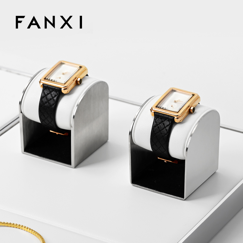 FANXI hot sale metal frame white leather jewelry display set with logo