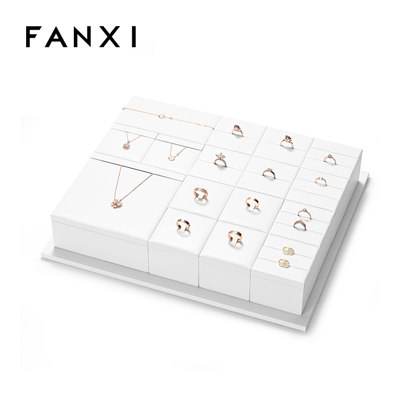 FANXI high quality wooden jewelry display with white PU leather