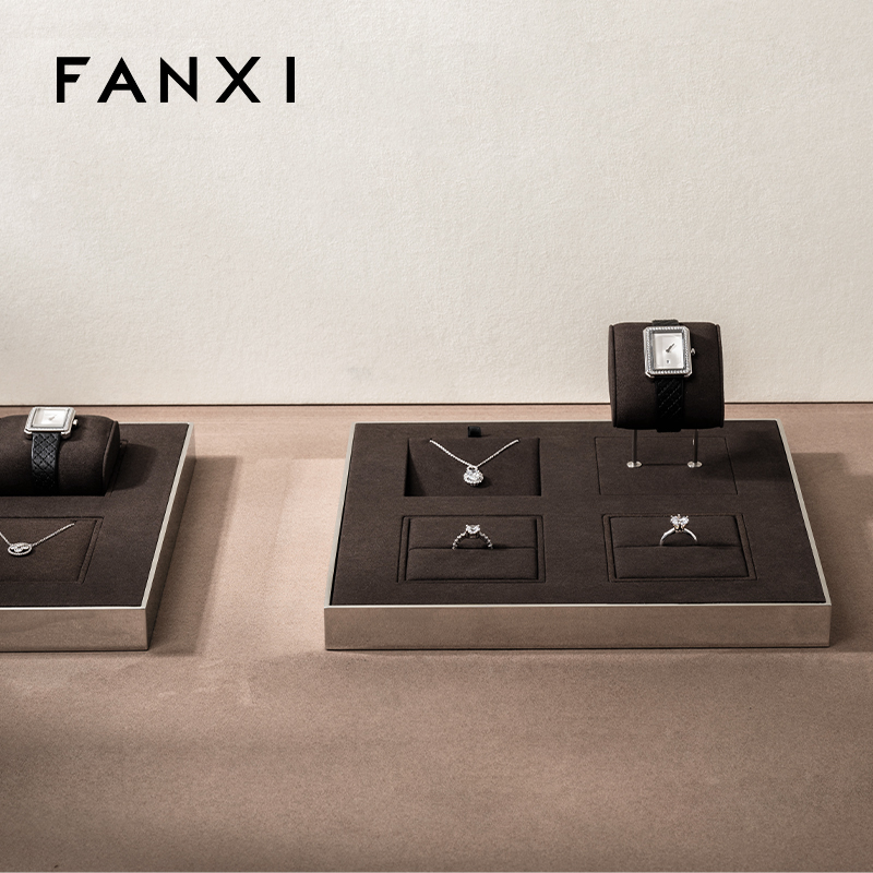 FANXI wholesale luxurious metal frame jewelry display with brown microfiber