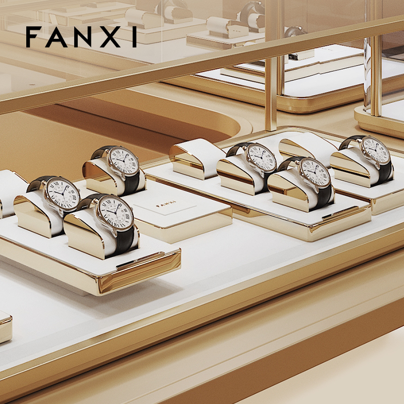 FANXI factory metal frame watch stand with white leather