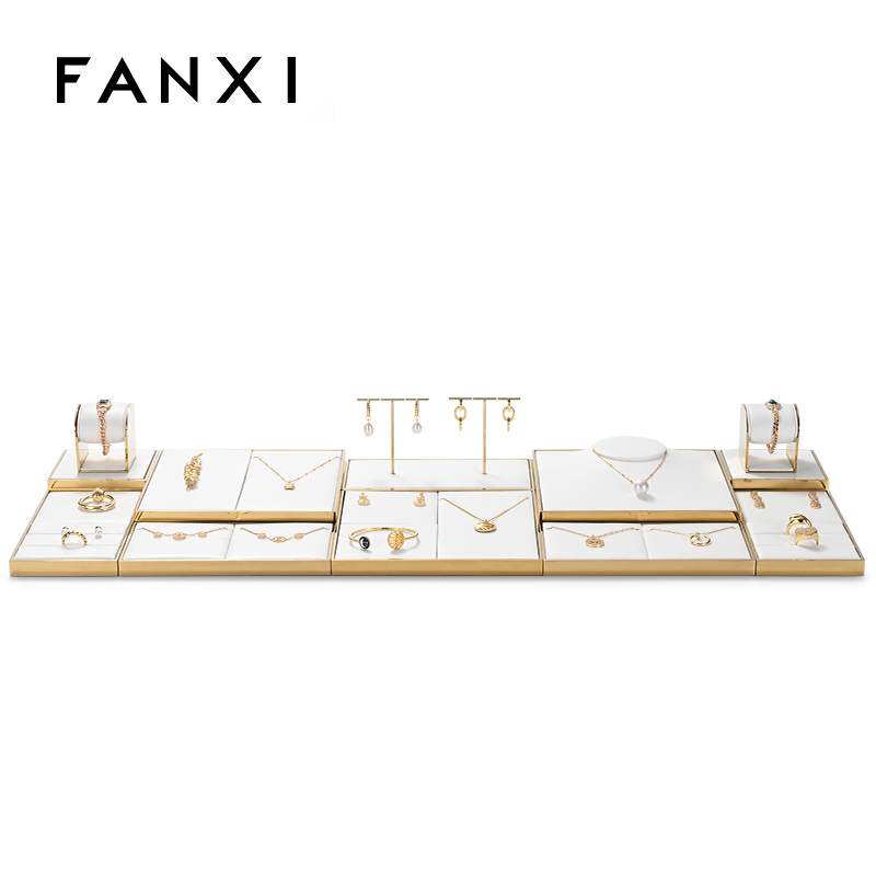 FANXI luxury metal frame jewelry stand with white PU leather