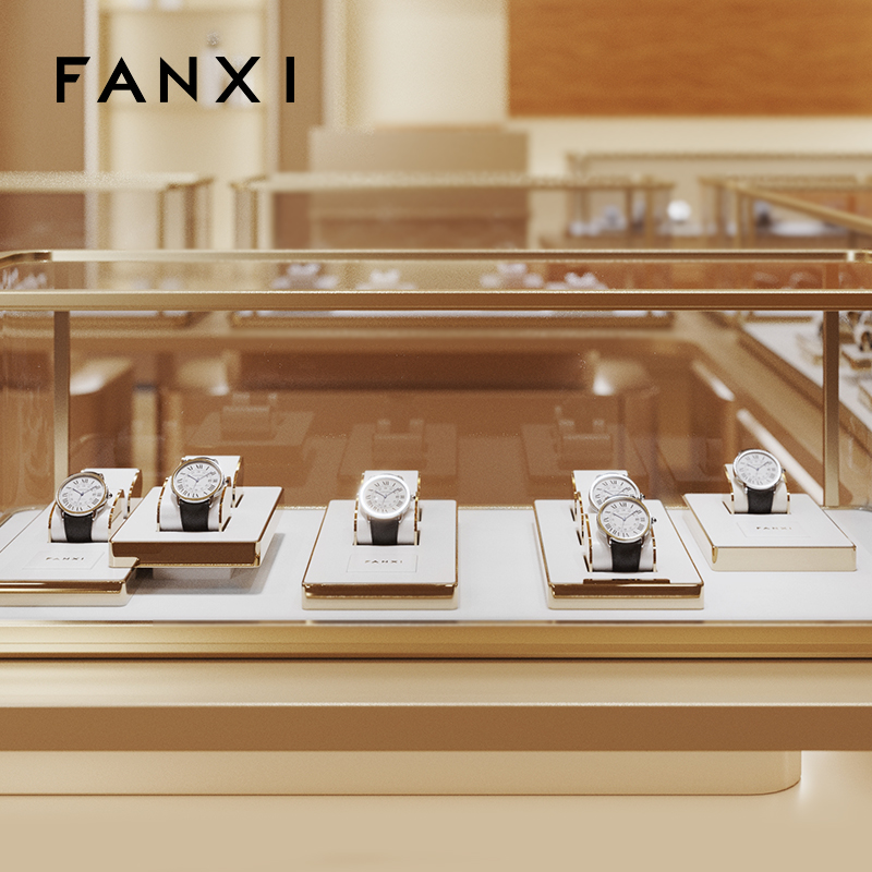 FANXI factory metal frame watch stand with white leather