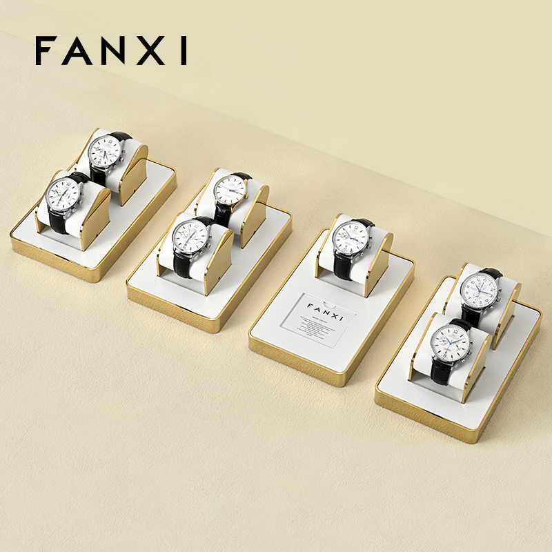 FANXI factory metal frame watch stand with white leather