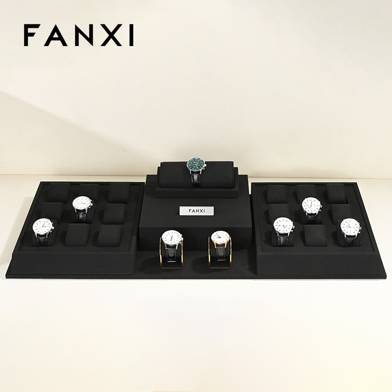 FANXI luxury black microfiber wrist watch display with metal stand