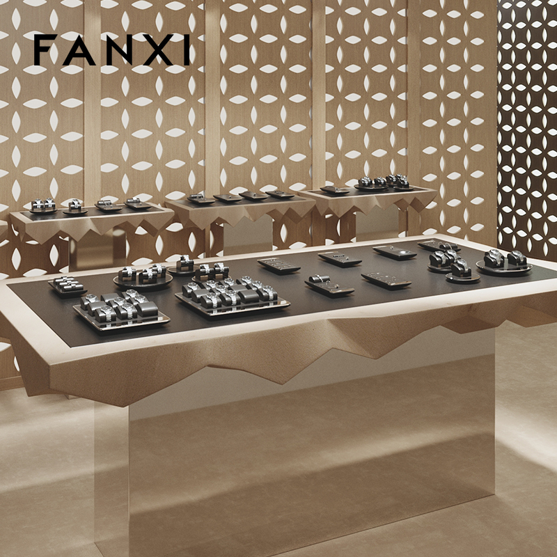 FANXI custom black colour leather window jewelry display with metal frame