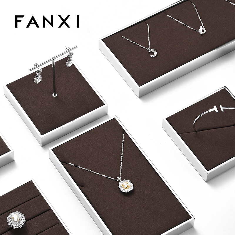 FANXI luxury brown colour microfiber jewelry exhibitors with glossy metal