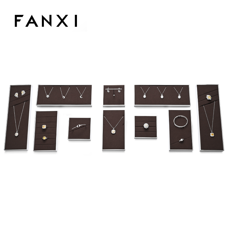 FANXI luxury brown colour microfiber jewelry exhibitors with glossy metal