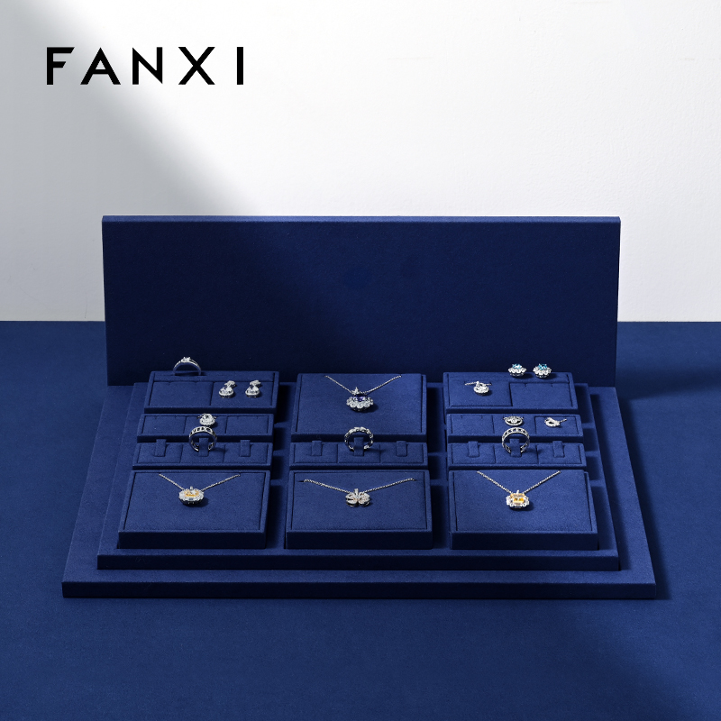 FANXI luxury wooden jewelry display set with blue microfiber