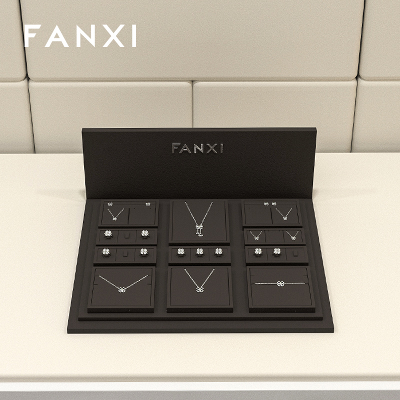 FANXI wholesale wooden jewellery display set wrapped with brown microfiber