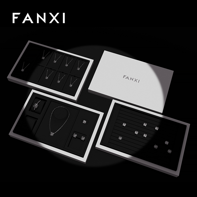 FANXI fashion white leather jewellery tray with black microfiber inside