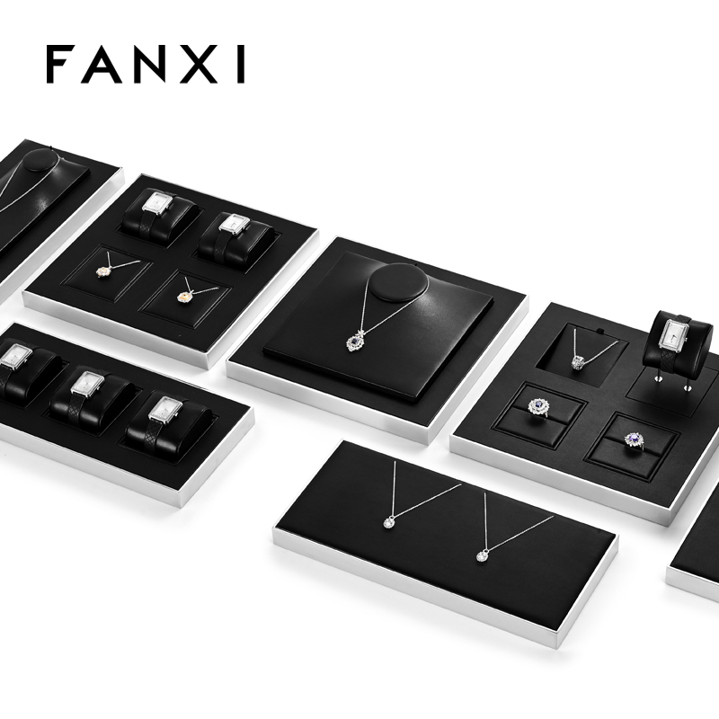 FANXI black leather jewellery holder with grossy stainless steel frame