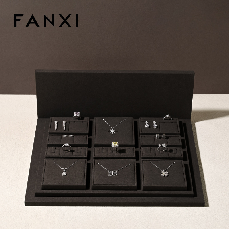 FANXI wholesale wooden jewellery display set wrapped with brown microfiber