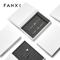 FANXI white leather jewelry box organizer with gray microfiber interior with logo exterior