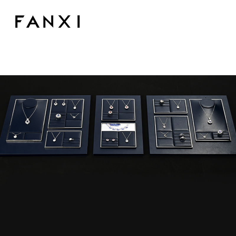 FANXI fashion dark navy blue PU leather jewellery display stand