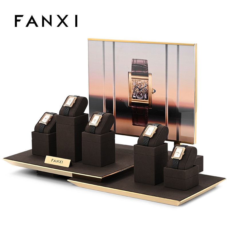 FANXI custom brown microfiber watch stand display holder with metal frame