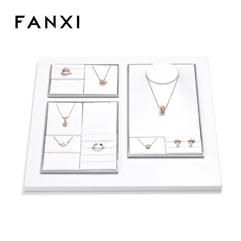 FANXI factory white PU leather jewelry exhibitors with metal structure