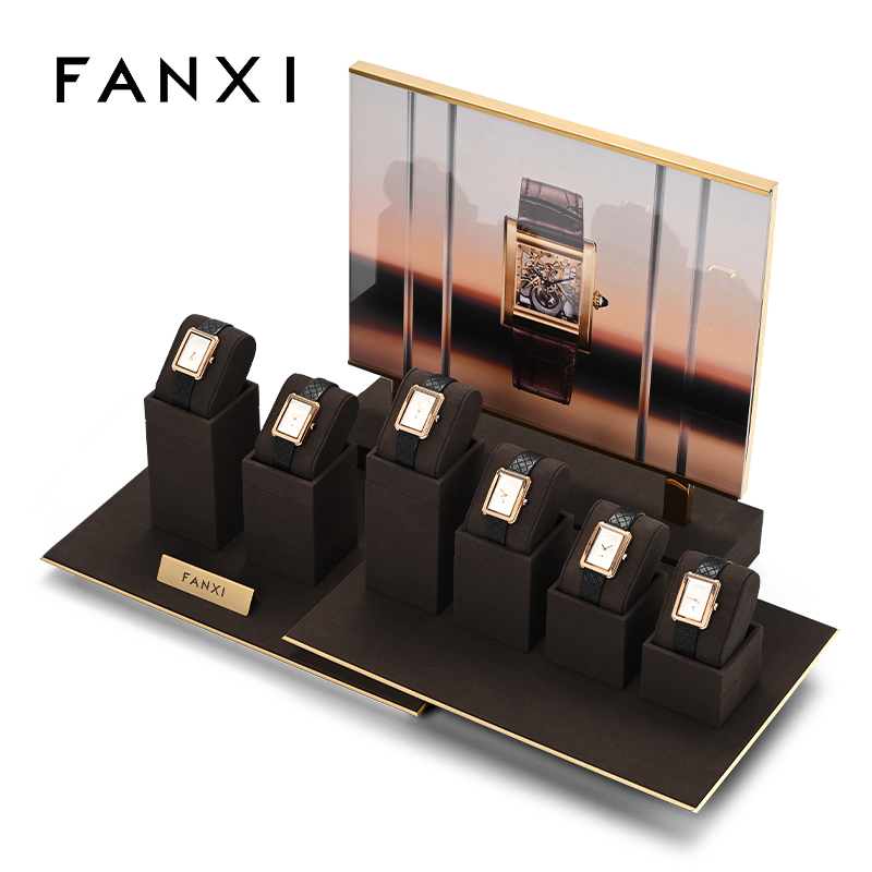 FANXI custom brown microfiber watch stand display holder with metal frame