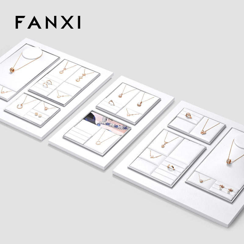 FANXI factory white PU leather jewelry exhibitors with metal structure