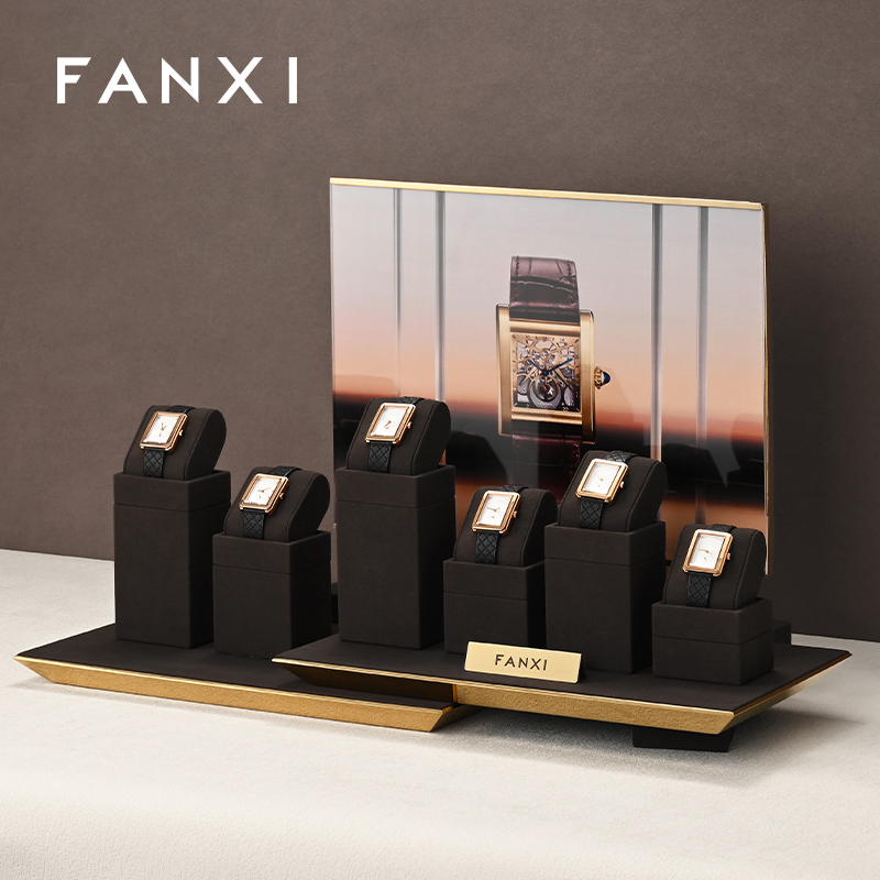 FANXI custom brown microfiber watch stand display holder with metal frame