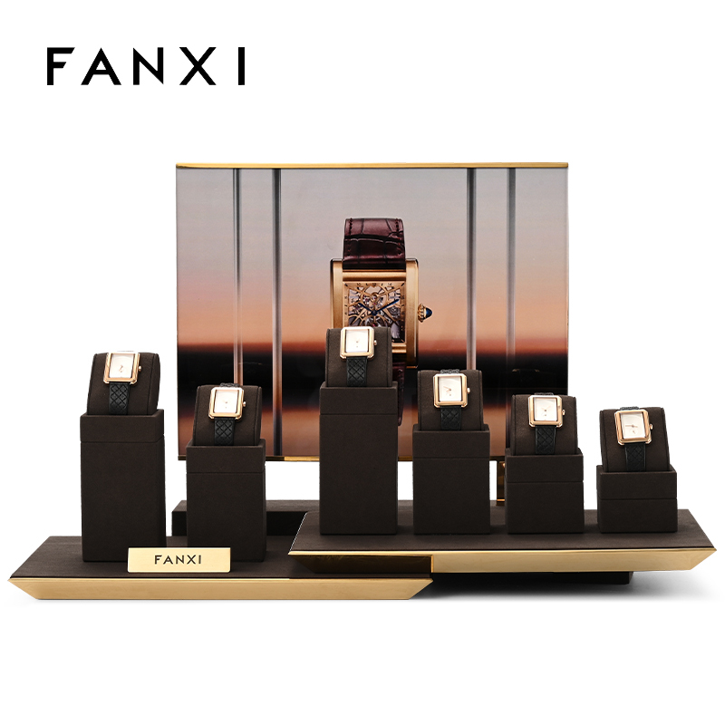 FANXI custom brown microfiber watch stand display holder with metal frame