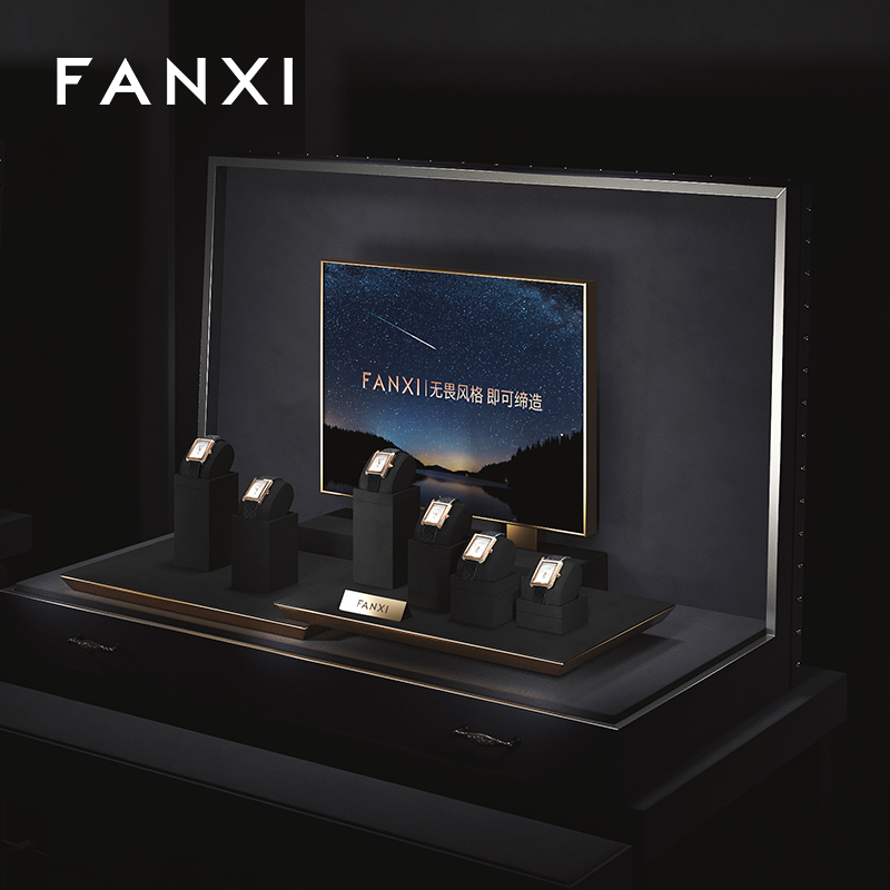 FANXI luxury fashion black microfiber watch display stand with metal structure