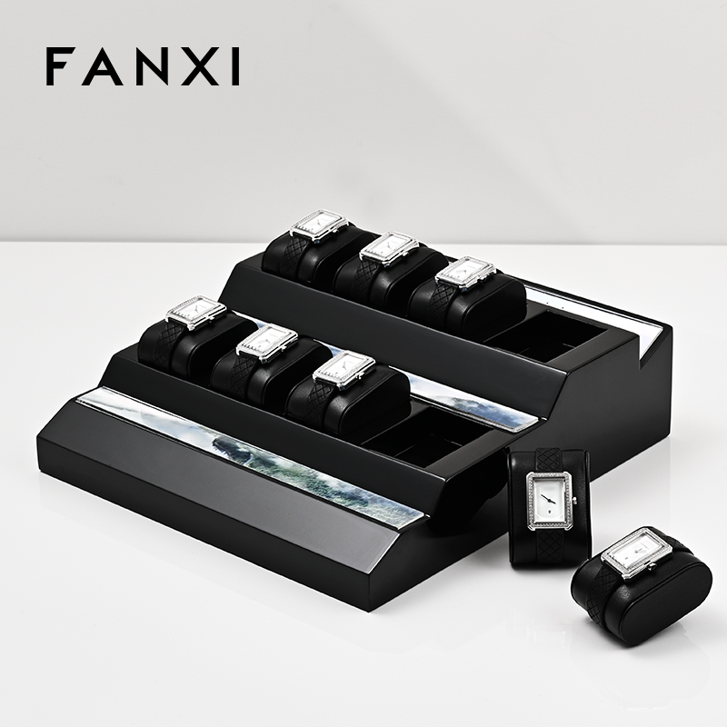 Fanxi luxury black PU leather Baking paint Acrylic watch display