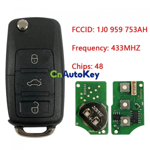 CN001005 1J0 959 753AH 3 Button Remote Key Fob 433Mhz ID48 Chip Fit For VW Passat 2002-2005