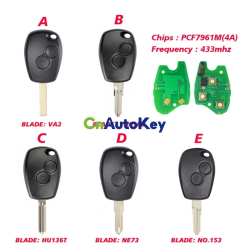 CN010072 2 Button Remote Car Key for Renault 433mhz With PCF7961M/4A VA2 Round Button