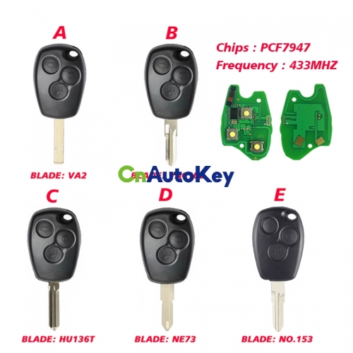 CN010017 Remote Control Key 3 Buttons 433MHz PCF7947 For Renault /Kangoo II /Clio III