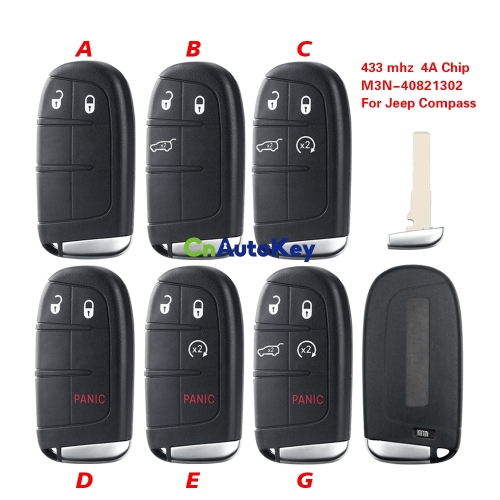CN086038 2/3/4/5BT Smart Remote Control Key 433mhz 4A Chip Keyless Entry SIP22 Blade For Jeep Compass M3N-40821302