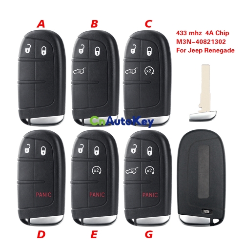 CN086037 2/3/4/5BT Smart Remote Control Key 433mhz 4A Chip Keyless Entry SIP22 Blade for Jeep Renegade M3N-40821302