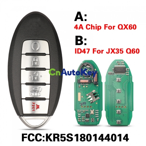 CN021015  KR5S180144014 Remote Smart Car Key For Infiniti JX35 Q60 QX60 433Mhz 4A Chip ID47 Chip 5Buttons S180144320 S180144014