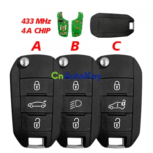 CN016046 Citroen 433 MHz transponder HITAG AES 3 button smart key fob (with logo)