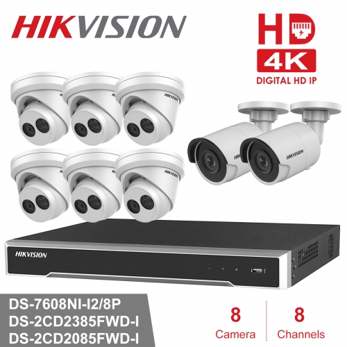 Hikvision 4K NVR kit DS-7608NI-I2/8P 8ch NVR 2 x DS-2CD2085FWD-I 6X DS-2CD2385FWD-I 8mp IP Cameras