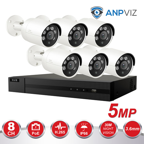 Anpviz (Hikvision Compatible) 5MP 8CH IP PoE Camera System, 8CH 4K Ultra HD NVR PoE, 6 x 5MP H.265 IP66 Bullet POE IP Camera With 30m Night Vision, Audio, 3.6mm Fixed Lens, Remote Access, Playback, Motion Alert, Plug and Play